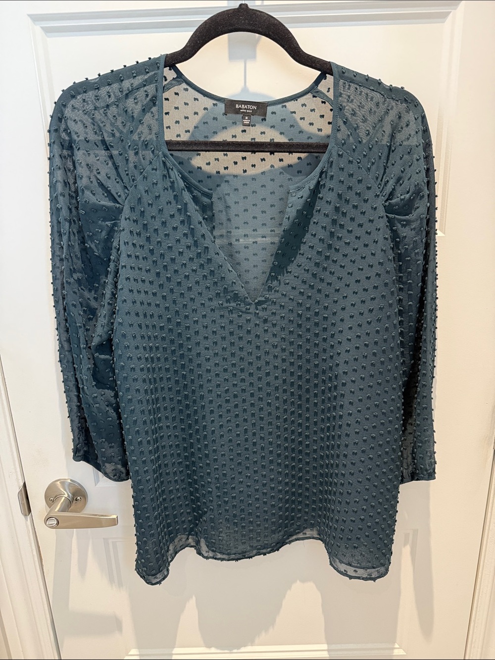 Babaton Teal Swiss Dot V-Neck Blouse